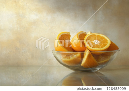 Oranges in a bowl. Bowl of citrus fruit. Juicy fresh mandarin oranges on a light beige background with one sliced in half to show the citrus texture. No people. Healthy lifestyle. Organic dietary 128488009
