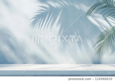 Minimal abstract background, light and shadow of tree leaves. Cosmetic product presentation. Premium podium. Pastel soft blue wall, white table. Showcase display case. Front view. Mockup ad. Cian wall 128488020
