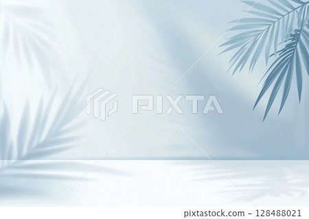 Minimal abstract background, light and shadow of tree leaves. Cosmetic product presentation. Premium podium. Pastel soft blue wall, white table. Showcase display case. Front view. Mockup ad. Cian wall 128488021
