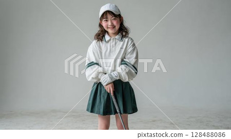 Japanese female elementary school student wearing golf wear - white background 128488086