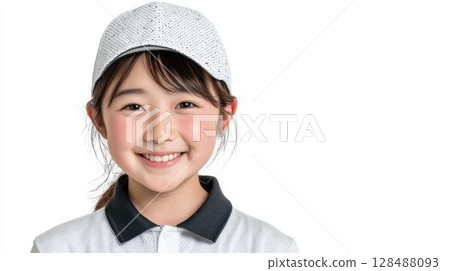 身穿高爾夫服的日本女小學生 — 白色背景 128488093