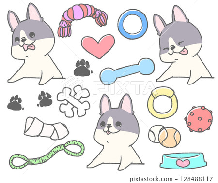 French bulldog with tongue out and toy icon set (pied) 128488117