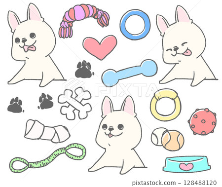 French bulldog with tongue out and toy icon set (white) 128488120