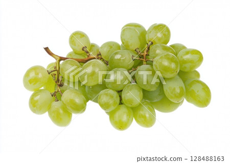 Sultana Muscat. Bunch of Green Grapes laying isolated on white background. Fresh Grape. Cluster of juicy white grape on the vine. Close-up, Macro. Front view, copy space for text. Vitis. Fruit Isolate 128488163