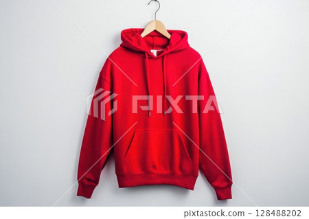Red sweatshirt isolated on white background. Plain color hoodie mockup template. Close up detail of pullover with pocket and drawstrings, fashion, bold color. Vibrant casual design, everyday wear Red sweatshirt isolated on white background. Plain color hoodie mockup template. Close up detail of pullover with pocket and drawstrings, fashion, bold color. Vibrant casual design, everyday wear 128488202