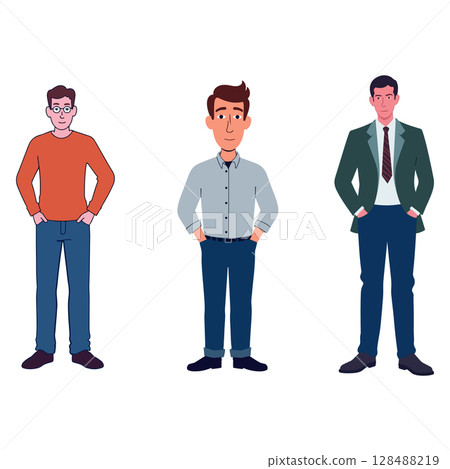 Three Men Standing with Hands in Pockets Three Men Standing with Hands in Pockets 128488219
