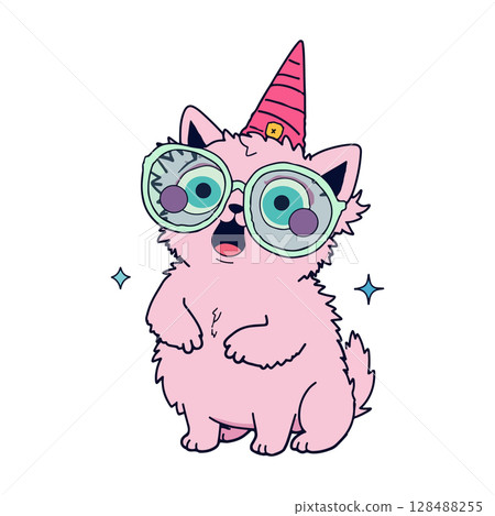 Cartoon Cat with Party Hat and Glasses Cartoon Cat with Party Hat and Glasses 128488255
