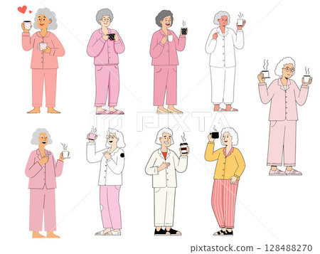 Elderly Women in Pajamas Enjoying Coffee Elderly Women in Pajamas Enjoying Coffee 128488270