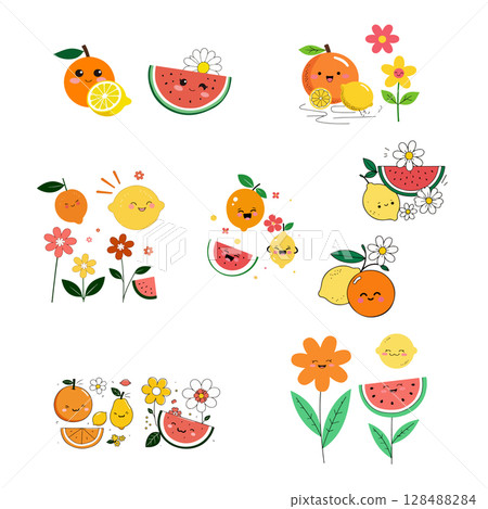 Cute Cartoon Fruits and Flowers Cute Cartoon Fruits and Flowers 128488284