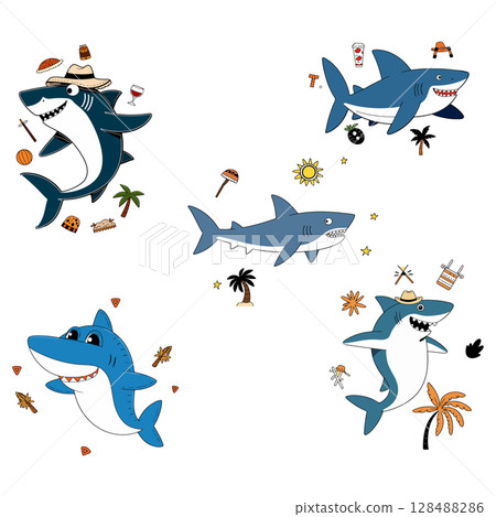 Cartoon Sharks with Summer Themes 128488286