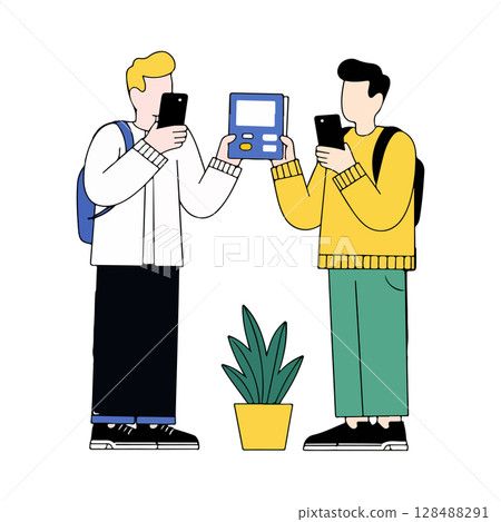 Two Friends Sharing a Tablet and Using Smartphones 128488291
