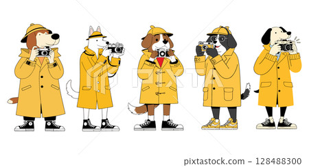 Cartoon Dogs in Raincoats Taking Pictures 128488300