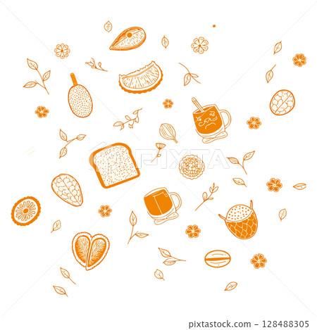Orange Food and Drink Doodle Pattern 128488305