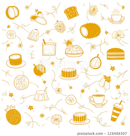 Orange Food and Drink Doodle Pattern 128488307