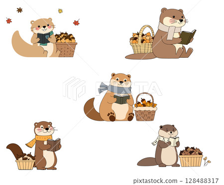 Cartoon Otters Reading Books with Autumn Elements 128488317