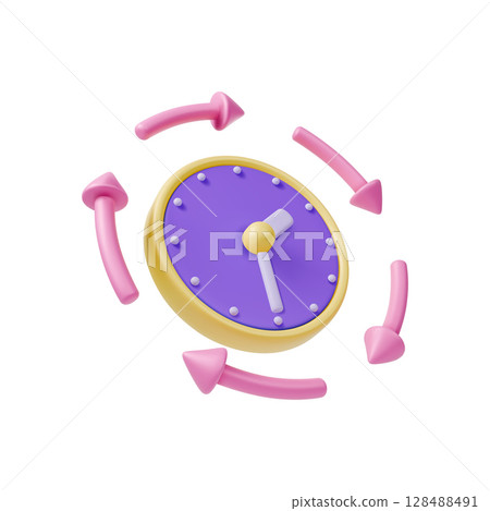 3d Clock with Round Arrows Around Time Keeping Concept Cartoon Design Style Isolated on a White Background. Vector illustration 128488491