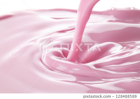 Pink milk splashes, drops. Strawberry milk shake pour. Pouring cream. Creamy wave in a minimalist setting. Soft light, clean design. Splatter of thick liquid swirl. Drink texture ideal for advertising Pink milk splashes, drops. Strawberry milk shake pour. Pouring cream. Creamy wave in a minimalist setting. Soft light, clean design. Splatter of thick liquid swirl. Drink texture ideal for advertising 128488589