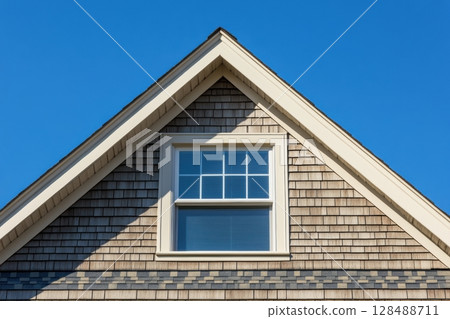 House Exterior. Roof Window. Second floor among blue sky. Mansard attic. Newly build houses. Gable roof with skylight, asphalt roofing, shingles. Residential Home. Vinyl Siding. Polymeric roof-tiles 128488711