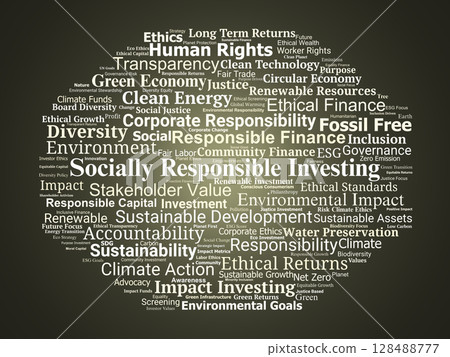 Socially Responsible Investing (SRI) Word Cloud. Ethical Investing Themes for Sustainable and Socially Driven Finance 128488777