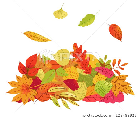 Autumn leaves pile. Cartoon fallen leaves on ground, colorful maple leaf carpet orange red yellow green colors. Vector nature autumn foliage background Autumn leaves pile. Cartoon fallen leaves on ground, colorful maple leaf carpet orange red yellow green colors. Vector nature autumn foliage background 128488925