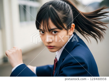 A high school girl with a serious look in her eyes 128488938