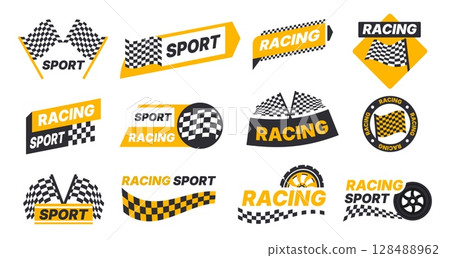 Racing checker logo. Speed car sport check sticker, checkered border stripe rally automobile badge flat cartoon style. Vector checking finish race logos set 128488962
