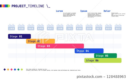 Project timeline. Modern infographic annual calendar with Gantt chart, business workflow roadmap schedule and milestone elements. Vector project UI illustration Project timeline. Modern infographic annual calendar with Gantt chart, business workflow roadmap schedule and milestone elements. Vector project UI illustration 128488963