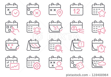 Calendar line icons. Outline deadline, meeting and appointment schedule symbols, day month year planner pictograms. Vector editable stroke collection 128488964