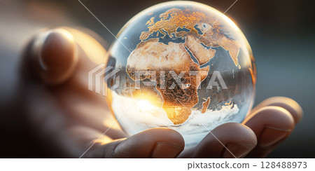 Holding a glowing earth globe in  hand 128488973