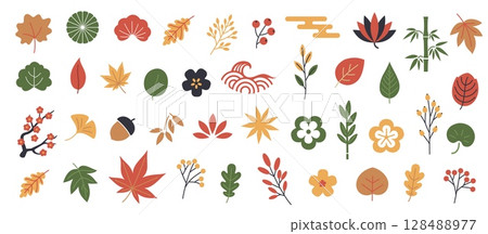 Autumn leaves title frame. Fall Japanese minimal cartoon decorative border elements with falling forest leaves, cute seasonal leaf and background. Vector simple autumn shapes 128488977