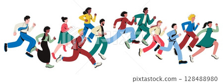 Business people running. Success employees characters rushing and hurrying, excited and happy runners persons chasing their goals and dreams. Vector running people illustration Business people running. Success employees characters rushing and hurrying, excited and happy runners persons chasing their goals and dreams. Vector running people illustration 128488980