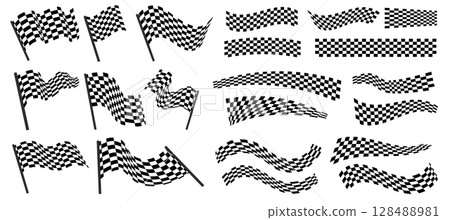 Racing checker. Finish line stripe, crossed checkered race flags, car motorcycle circuit championship finish elements, speed competition stickers. Vector checker set 128488981