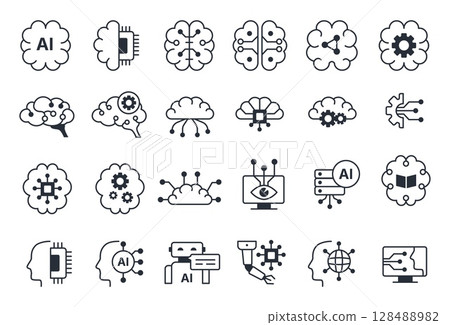 Machine learning icons. Outline robot technology and machine automation pictograms, smart mind and machine brain line symbols. Vector science set Machine learning icons. Outline robot technology and machine automation pictograms, smart mind and machine brain line symbols. Vector science set 128488982