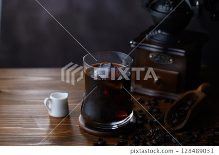 Coffee beans, classic mill, and sparkling iced coffee 128489031