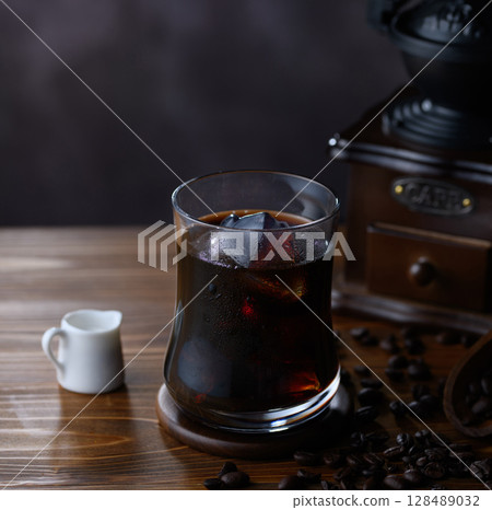 Coffee beans, classic mill, and sparkling iced coffee 128489032