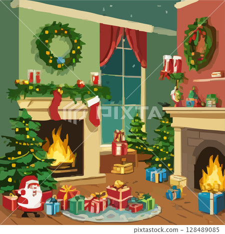 Vector illustration of a room with a fireplace and firewood and wood Vector illustration of a room with a fireplace and firewood and wood 128489085
