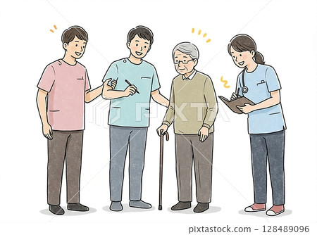 微笑的護理人員和老人在護理機構開會白色背景插圖 微笑的護理人員和老人在護理機構開會白色背景插圖 128489096