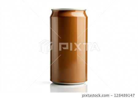 Brown aluminum can of soda isolated on a white background. Front view. Recycle metal can mock-up, template. Beer, carbonated water, cola, energy drinks can. Recycling. Closeup view of one beverage can Brown aluminum can of soda isolated on a white background. Front view. Recycle metal can mock-up, template. Beer, carbonated water, cola, energy drinks can. Recycling. Closeup view of one beverage can 128489147
