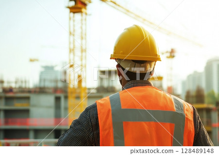 Builder in a hardhat standing back to camera, looking at the building site. Professional architect with protective helmet and orange vest on a house construction site. Construction worker engineer Builder in a hardhat standing back to camera, looking at the building site. Professional architect with protective helmet and orange vest on a house construction site. Construction worker engineer 128489148