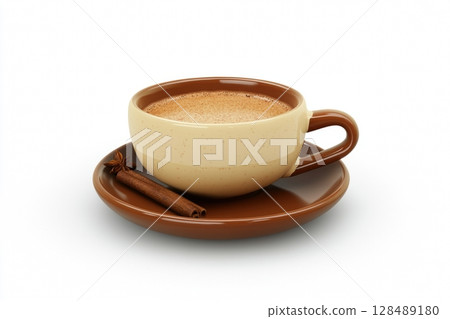 A cup of spicy cappuccino or spice latte with art foam, cinnamon stick and anise stars. Warm Coffee with Festive Lights. Cozy fall drink on a white table. Inviting atmosphere. Mug of warming drink A cup of spicy cappuccino or spice latte with art foam, cinnamon stick and anise stars. Warm Coffee with Festive Lights. Cozy fall drink on a white table. Inviting atmosphere. Mug of warming drink 128489180