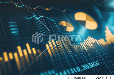 Abstract financial data display with blue and orange lines and graphs. Futuristic analytics dashboard with vibrant screen monitor. Data visualizations, advanced technology. Technical growth, progress Abstract financial data display with blue and orange lines and graphs. Futuristic analytics dashboard with vibrant screen monitor. Data visualizations, advanced technology. Technical growth, progress 128489181