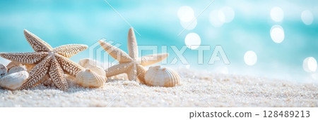 Beautiful tropical beach banner, empty seashore with white golden sand, blue turquoise blurred water bokeh. Sea background, shells,starfish. Summer vacation concept mockup. Ocean waves in the distance Beautiful tropical beach banner, empty seashore with white golden sand, blue turquoise blurred water bokeh. Sea background, shells,starfish. Summer vacation concept mockup. Ocean waves in the distance 128489213