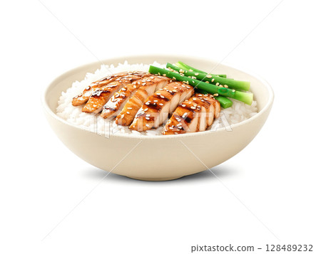 Teriyaki Chicken Bowl Grilled teriyaki chicken glazed with a rich, glossy sauce, served over steamed white rice and garnished Teriyaki Chicken Bowl Grilled teriyaki chicken glazed with a rich, glossy sauce, served over steamed white rice and garnished 128489232