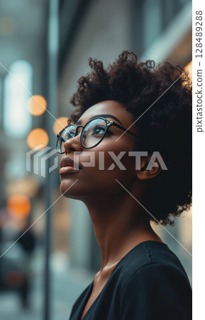 Black female CEO with sculpted afro and elegant thin-rimmed glasses, gazing upward into legacy-building graphs, her face full of pride 128489288