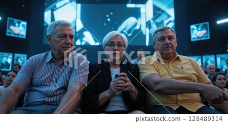 Seniors in a Futuristic Floating Cinema - A mixed-race elderly group enjoying a luxury AI-curated movie experience on a futuristic 128489314