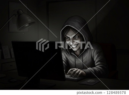 A woman in a dark room sits at a computer and posts fake information on social media 128489378