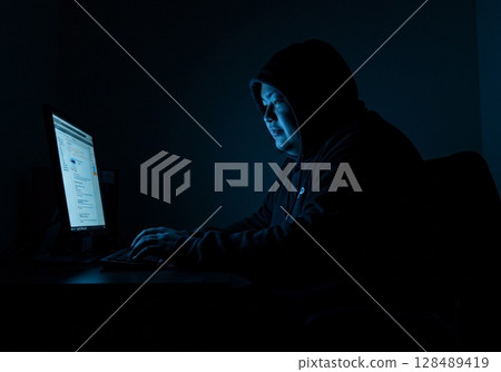 A man sits at a computer in a dark room and posts fake information on social media 128489419