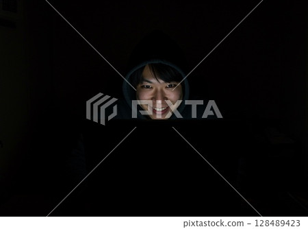 A man sits at a computer in a dark room and posts fake information on social media 128489423
