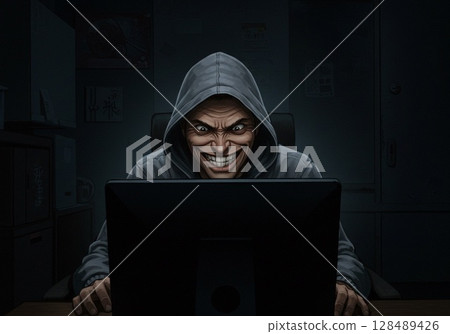 A man sits at a computer in a dark room and posts fake information on social media 128489426