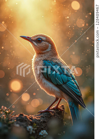 A graceful, multi-colored bird. A bright little bird in the sunbeams. 128489467